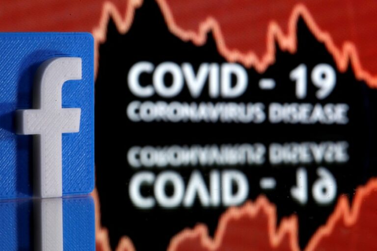 A 3D printed Facebook logo is seen in front of displayed coronavirus disease (COVID-19) words in this illustration