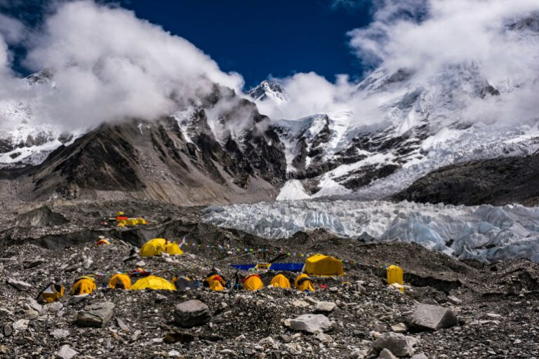 Tents set up at Everest Base Camp on Khumbu glacier, Mt.