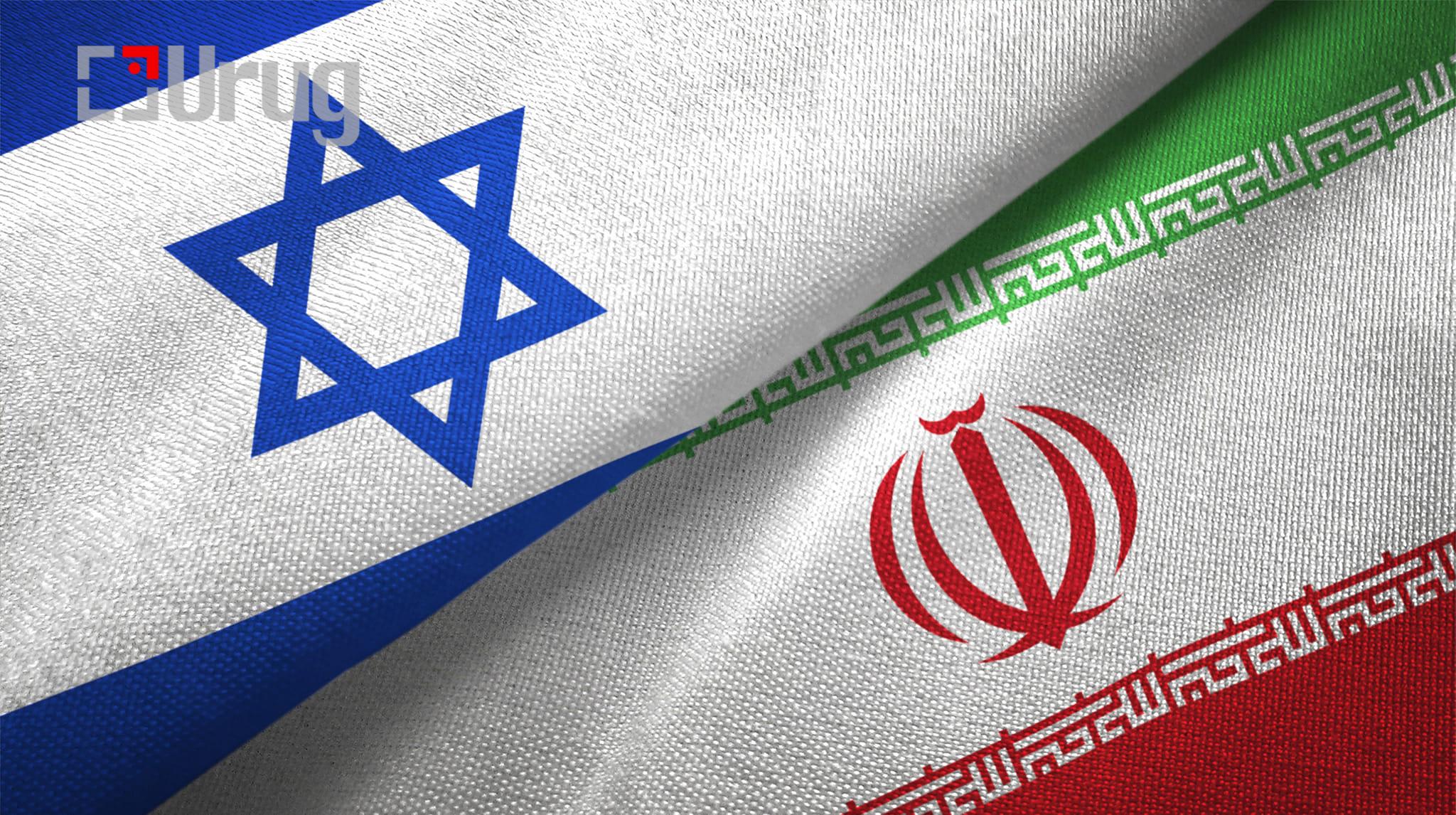 Israel and Iran flags together textile cloth, fabric texture