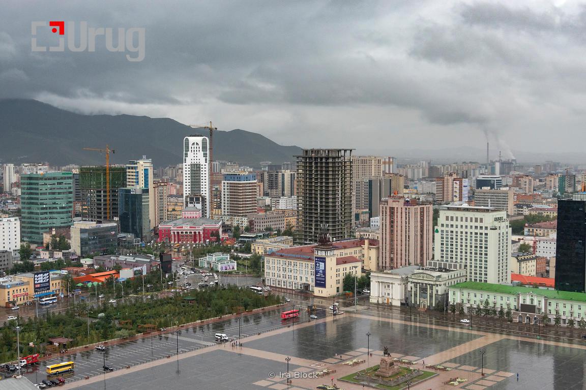A rainy morning view of the Sükhbaatar Square in Ulaanbaatar, Mongolia.