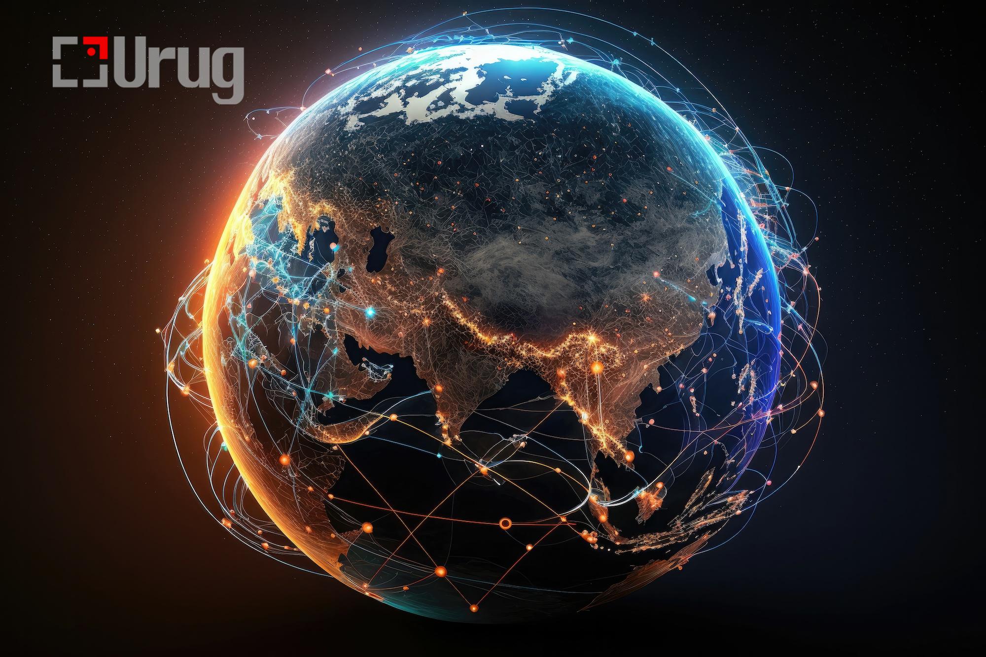 Global international connectivity background 3D illustration. Connection lines around earth globe. Motion of digital data flow. Generative AI