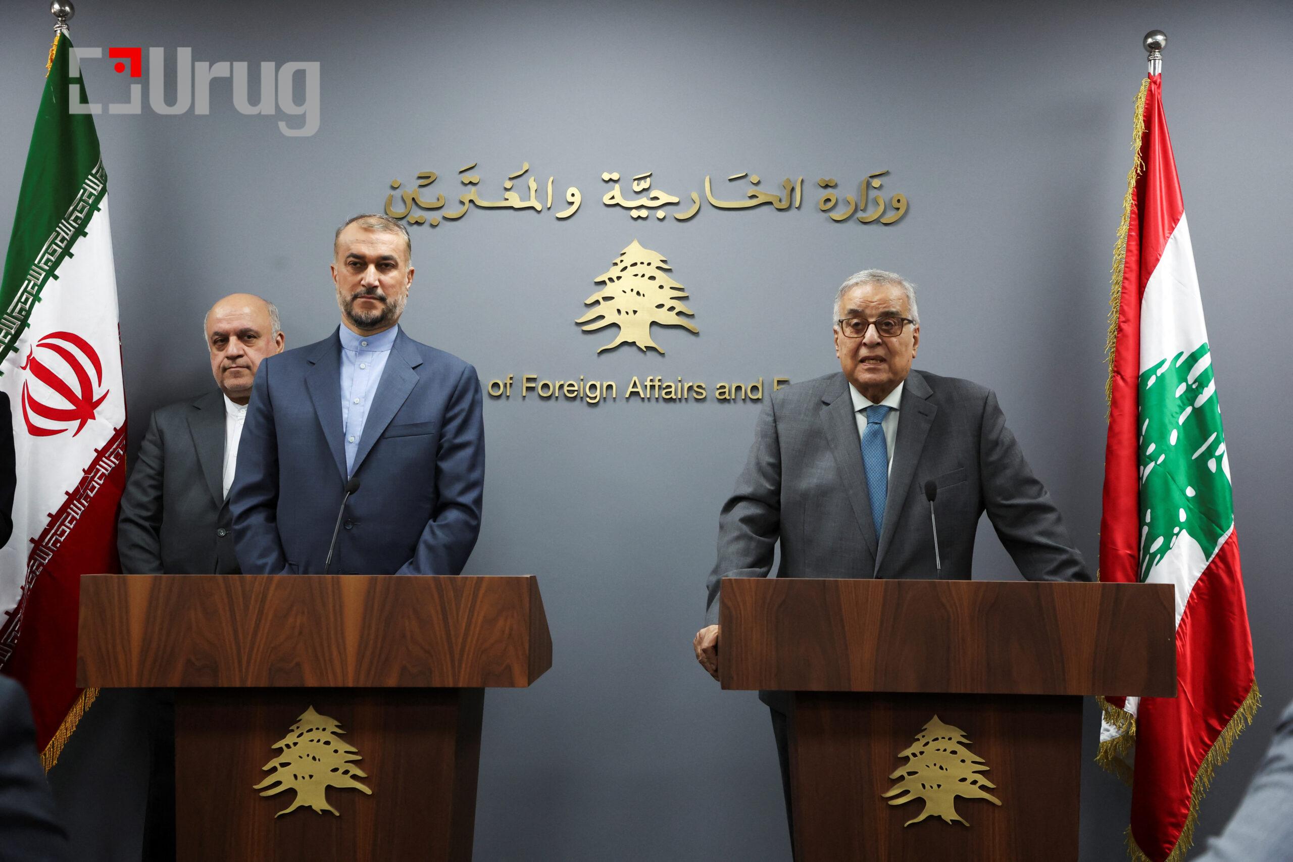 Lebanon’s caretaker Foreign Minister Abdallah Bou Habib and Iranian Foreign Minister Hossein Amirabdollahian attend a joint press conference in Beirut